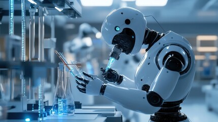 Poster - Futuristic Robot Scientist Conducting Research in a High-Tech Laboratory with Advanced Equipment