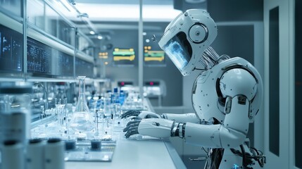 Poster - Futuristic Robot Working in a High-Tech Laboratory with Advanced Scientific Equipment and Digital Displays