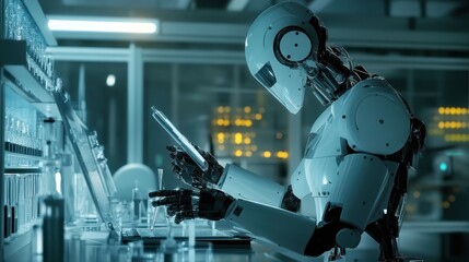 Poster - futuristic robot scientist conducting research in high-tech laboratory with advanced equipment