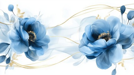 Wall Mural - Elegant abstract blue flowers with golden line art design on a white background. This luxurious watercolor vector illustration highlights intricate floral patterns with soft shades of blue, perfect fo