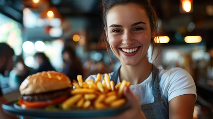 Canvas Print - A happy waitress in an American restaurant is serving a customer with fries and a burger.