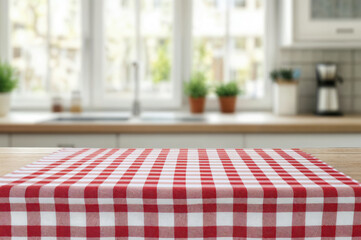 Aufkleber - Empty wooden table with red checkered tablecloth over blurred kitchen background, product montage display. High quality photo