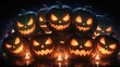 © sonderstock - Illustration of a spooky group of carved Halloween pumpkins with glowing faces.