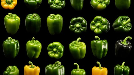 Variety of bell peppers arranged in a grid on a black background showcasing their shapes and colors