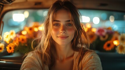 A young woman smiles while sitting in a car full of flowers.