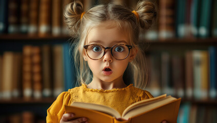 Poster - A cute little girl with glasses is reading in the library, wearing yellow and having blue eyes, big round-framed glasses, and a fair skin tone