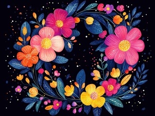 Sticker - Watercolor Floral Wreath on Black Background.