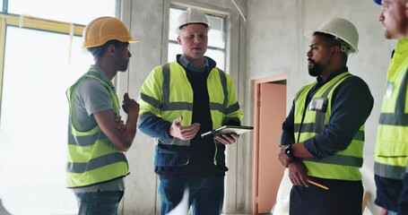 Poster - Teamwork, leadership and engineering with people and tablet for construction site, blueprint and building renovation. Collaboration, project management and architecture with contractor for design