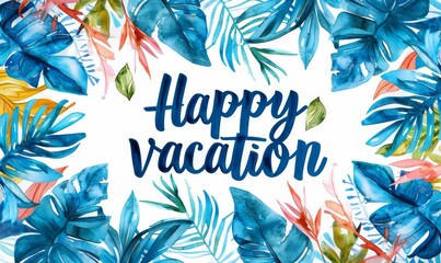 Canvas Print - Happy vacation - modern calligraphy lettering with watercolor painted tropical leaves