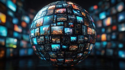 Wall Mural - A sphere composed of various images, representing a digital world, the internet, or a global network.