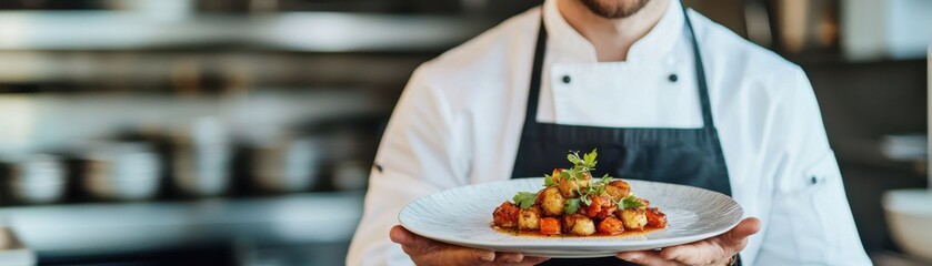 A skilled chef presents a beautifully plated gourmet dish in a modern kitchen, showcasing culinary artistry and delicious flavors.