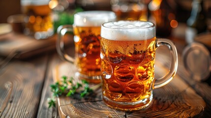 Beer with foam in glass for drink alcohol cold beverage on bar for celebration