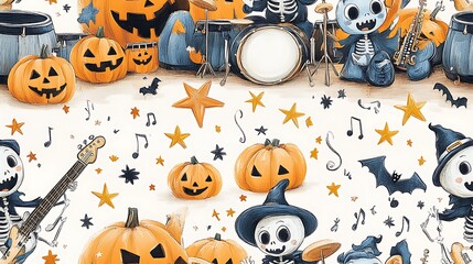 A doodle-style seamless pattern of cute Halloween monsters playing instruments, with a dancing skeleton, drums, guitars, and trumpets, surrounded by stars, pumpkins, and musical notes,