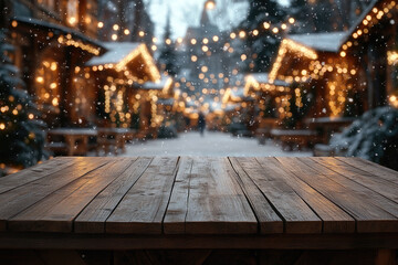 Poster - Cozy winter scene at a snowy christmas market, with twinkling lights and european stalls. Perfect for showcasing holiday products. Ready for product montage. Mockup.