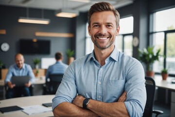 smiling Business man, happy portrait and arms crossed with startup and company ceo in a office