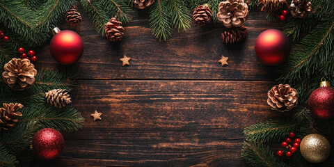 Wall Mural - Christmas decorations on wooden background. Banner. Christmas and New Year! Flat lay, top view. Copy space. Mock up