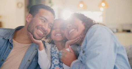 Wall Mural - Parents, girl and smile on sofa in home with fun for bonding, relax and chill. People, family and happy or laughing with kid on couch in living room for child development, care and support or trust