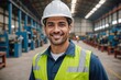 © ThomasLENNE - Portrait  smiling Professional mechanical engineering hispanic male in white safety hard hat helmet and look at camera at metal factory