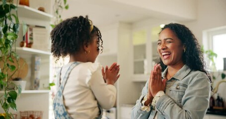 Sticker - Game, hands or laughing with mother and daughter in kitchen of home together for bonding. Fun, love or smile with single parent woman and girl child playing in apartment for motor skills development