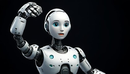 A detailed humanoid robot with expressive blue eyes raises its arm against a black background. The robot's sleek design and articulate features showcase advanced robotics and AI technology, making it