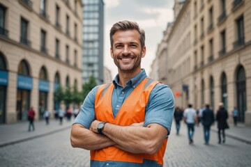 Arms crossed, building and architecture with portrait of  smiling man in city for planning, designer or industry