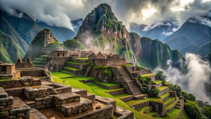 Wall Mural - 15. Ancient Peruvian temples shimmering on a misty background on a Rainy Day