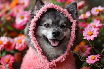 Poster - A dog wearing a pink hoodie in a field of flowers