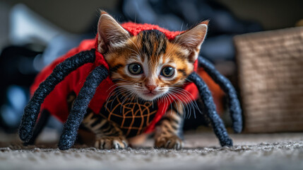 Cute Tabby Kitten Wearing A Red Spider Costume For Halloween.