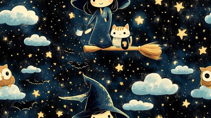 Cute doodle-style seamless pattern featuring a witch flying on a broomstick with her cat and owl, under a glowing moon, surrounded by stars, bats, and clouds, soft pastel tones,