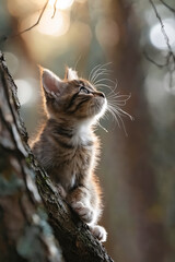 Poster - A small kitten sitting on top of a tree branch