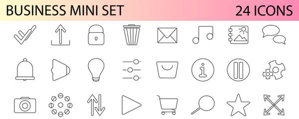 Set of 24 Business icons. Business and Finance web icons in line style. Money, bank, contact, infographic. Icon collection. Vector illustration.