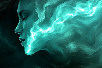 Sticker - Circadian somnology and hypnagogia close up of a female profile dissolving into glowing teal smoke symbolizing transcendence and ethereal beauty