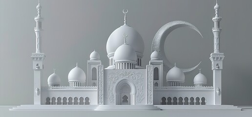 A white mosque with a crescent moon in the sky, symbolizing Islam and faith.