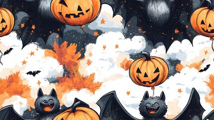 Seamless doodle-style pattern of bats joyfully holding pumpkin-shaped balloons, floating among clouds and stars, warm autumn colors, cute and playful Halloween theme,