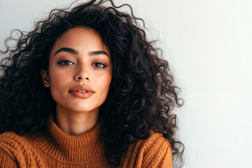 Poster - A woman with long curly hair wearing a brown sweater