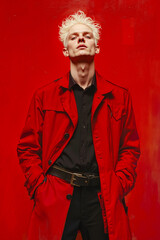 Canvas Print - A man in a red trench coat standing in front of a red wall