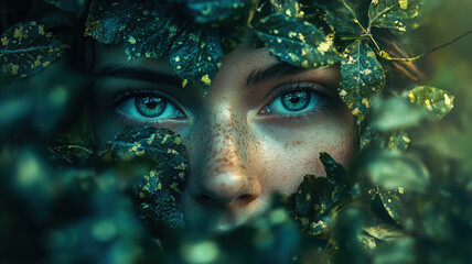 Wall Mural - Close-Up of Woman's Eyes Peering Through Lush Green Leaves, Nature-Inspired Portrait with Freckles and Intense Blue Eyes in a Mystical Forest Setting