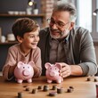 © Irinka Dimkovna - A gray-haired father and his son drop coins into a pink piggy bank, teaching financial literacy. Blurred background.