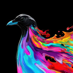 Poster - Colorful abstract bird design with vibrant paint splashes on black background