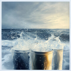 Wall Mural - Splashing water creates dynamic scene with three metallic containers at shore, reflecting beauty of nature.