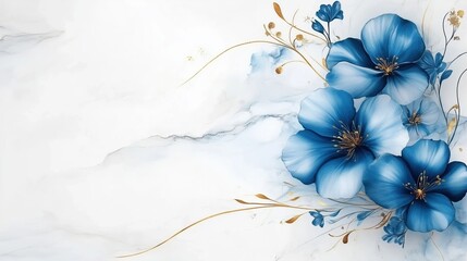 Aufkleber - Elegant abstract blue floral design with golden lines on a white marble stone texture background. This high-resolution, hyper-realistic digital illustration features soft watercolor brushstrokes, deli