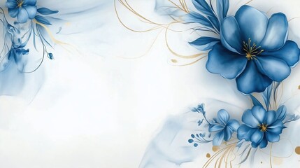Aufkleber - Elegant abstract blue floral design with golden lines on a white marble stone texture background. This high-resolution, hyper-realistic digital illustration features soft watercolor brushstrokes, deli