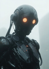 Poster - A robot with a black body and orange eyes