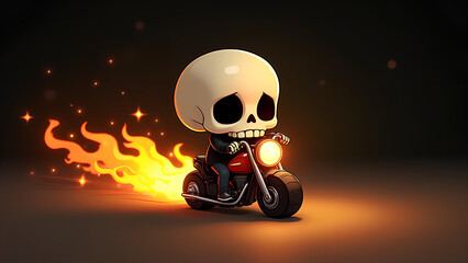 Sticker - a small adorable humanoid figure with a skull head riding a miniature motorcycle front headlight and the flames