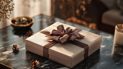 Wall Mural - A beautifully wrapped gift box with a luxurious bow, resting on a marble table, perfect for any special occasion.