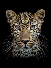 Wall Mural - a close up of a leopard's face with a blue eye. the image is black and white