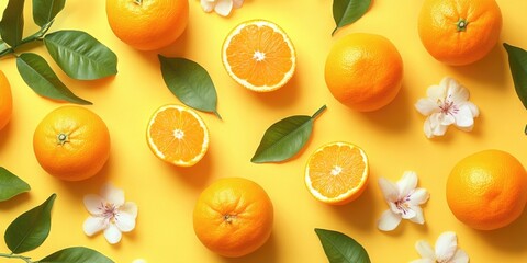 A yellow background with oranges and leaves. The oranges are cut in half and scattered around the background