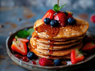 Wall Mural - A stack of pancakes with blueberries and strawberries on top. The pancakes are piled high and drizzled with syrup