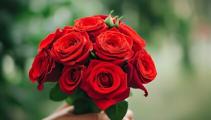 Canvas Print - A bouquet of bright red roses and a couple holding hands together show a romantic and warm scene.