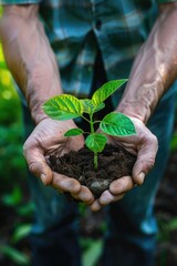 Wall Mural - A man is holding a small plant in his hands. The plant is green and he is a seedling. The man is wearing a blue shirt and jeans. Concept of nurturing and care for the plant